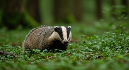 A badger standing in a lush green forest clearing