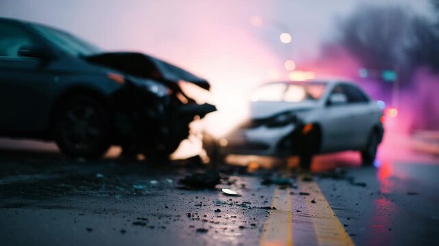 major car collision scene showing two severely damaged vehicles with crumpled front ends, shattered glass, and debris scattered across the roadway. The photo captures the raw aft 4K
