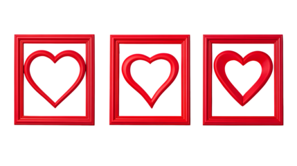 Three red heart shapes in square frames on transparent background