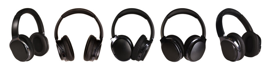 A set of black wireless headphones, taken from different angles on an isolated background
