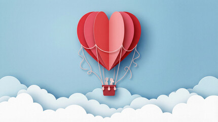 Obraz premium Valentine's Day Greeting Card Concept with Heart-Shaped Hot Air Balloon and Couple Floating over Clouds in Paper Cut Style