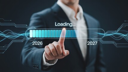 A businessman in a suit interacts with a futuristic loading screen interface symbolizing technological advancement and progress towards future goals