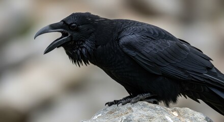 A large black bird perched on a rock with its mouth open