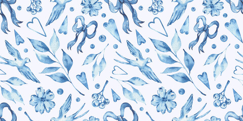 Watercolor seamless pattern with blue elements. Hand-drawn print with blue swallows, bows, flowers, and hearts. Suitable for wrapping paper, textiles, and ceramics. © Yana