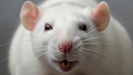 Extreme Close-up Portrait of a White Albino Rat with Open Mouth