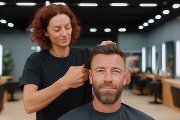 Hairdresser styling male client’s hair in modern salon interior, smiling woman grooming with precision and care