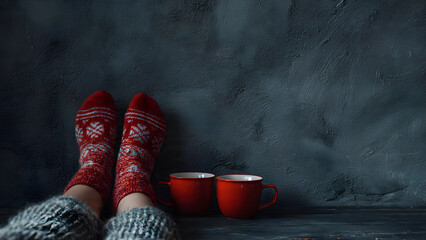 Woman`s legs with christmas socks  dark wall background. 