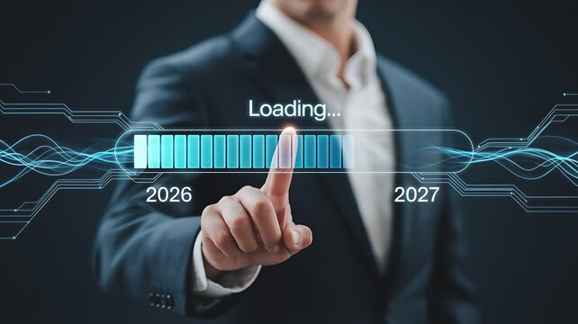 A businessman in a suit interacts with a futuristic loading screen interface symbolizing technological advancement and progress towards future goals - Powered by Adobe