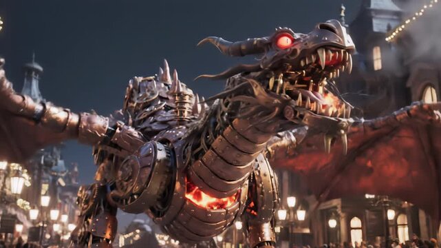 A detailed, metallic dragon with glowing red eyes and exposed gears emits smoke as it flies over a street filled with people and illuminated buildings at dusk.