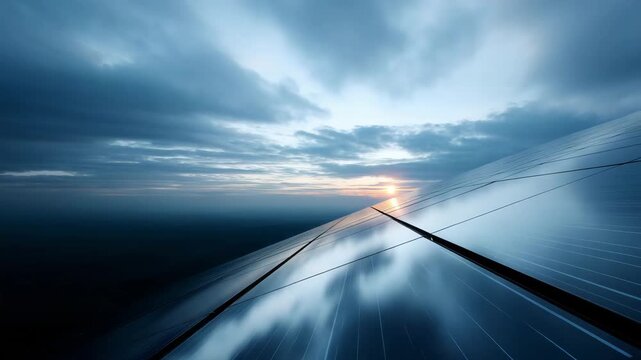 wide aerial view of a large solar power plant composed of perfectly aligned blue photovoltaic panels extending across the frame. The sunlight reflects off the smooth glass surfac 4K