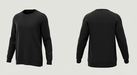 A black long-sleeved shirt shown from front and back against a light background