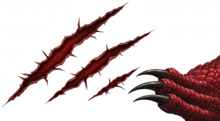 Red dragon paw and jagged bloody claw marks, aggressive creature limb and injury symbols