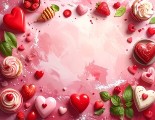 Valentine food banner background, abstract food elements, empty center space