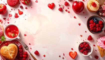 Valentine food banner background, abstract food elements, empty center space