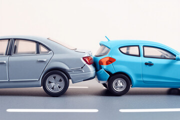 Toy cars crash into each other on road with white background  miniature vehicles collide  cars accident  transportation  damage