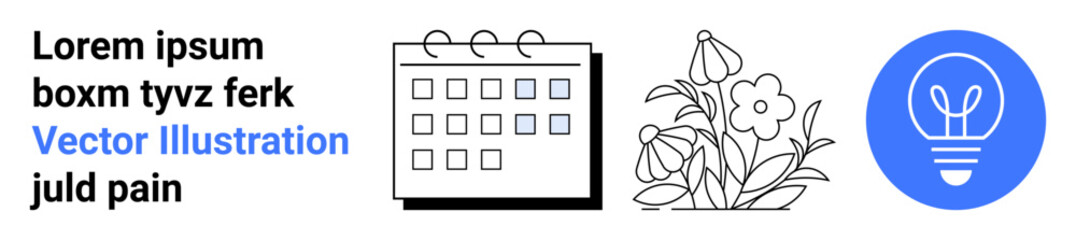 Planning, productivity, creativity, inspiration, event management, botanical design. Icon-style visuals of a calendar, flowers and a light bulb. Productivity and creativity concept © robu_s