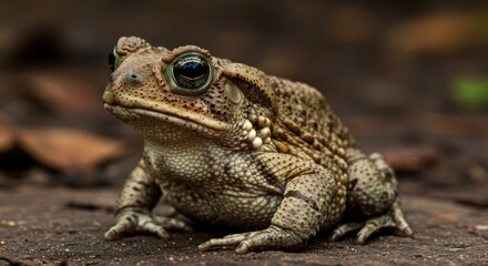 A close-up of a toad sitting on the ground