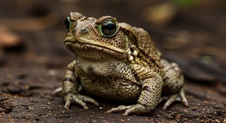 A close-up of a brown toad sitting on a muddy surface, looking upwards with an alert posture