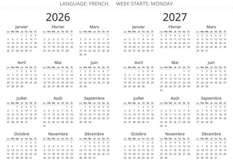 2027 and 2026 french simple clear calendars isolated on white. Vector illustration France