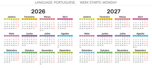Portuguese calendars for 2027 and 2026 years. color vector illustration for Portugal