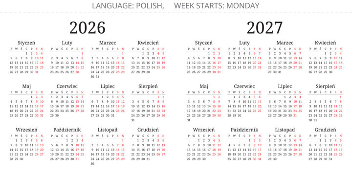 Polish calendar for 2026 and 2027 year. Vector illustration with serif font Poland