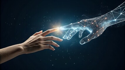 Two hands reaching toward each other, one human and one made of digital AI particles, neural network glow between them, future technology concept, dark background, no face
