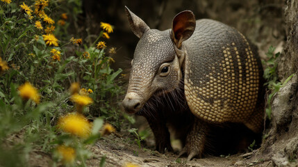 Fototapeta premium An armadillo walking through its natural habitat. Armored, bony plates. Digging claws. Keen sense of smell. Eats ants termites, and grubs as its food source. Indigenous to the South Americas.