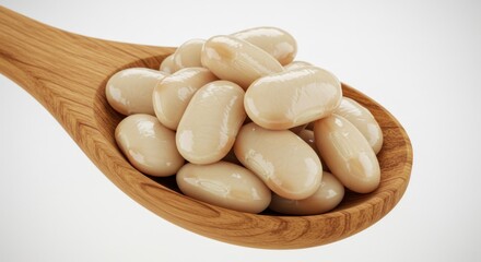 A wooden spoon filled with several light-colored beans on a plain background (1)