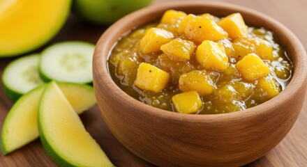 A wooden bowl filled with mango salsa surrounded by sliced cucumbers and mangoes on a wooden surface