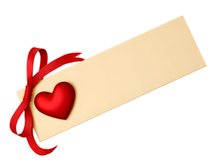 A red heart tied with a ribbon on a blank beige card on transparent background