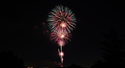 A vibrant firework explodes in the night sky, displaying a kaleidoscope of colors