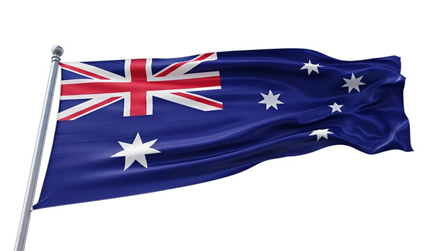 Majestic 3D rendered Australian flag unfurling, dramatic worm's-eye view on pure white, isolated on transparent background. Ideal for Australia Day, Anzac Day, national events, sports, government,