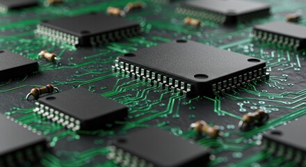 A close-up view of a computer circuit board with microchips and green wiring