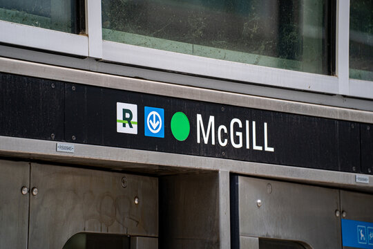 Close up of McGill metro station sign in downtown Montreal. Montreal, Canada - December 18, 2025.