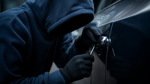 Man breaks into car at night while wearing a hoodie and gloves in an urban setting with dim lighting