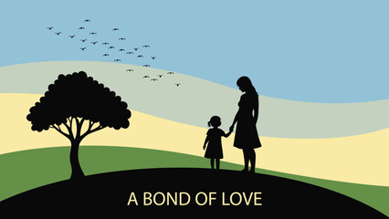 A mother and child holding hands on a hill