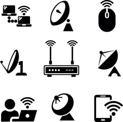 Wireless WiFi Internet Connection Network Icons Vector Set, Minimalist flat icons for web connectivity and network communication design projects.