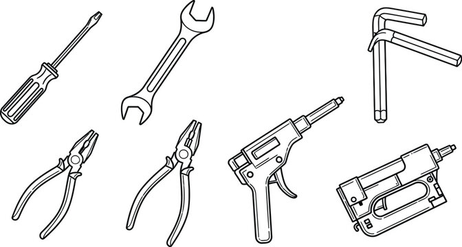 Outline illustration set of 6 fastening tools screwdriver wrench allen key pliers rivet gun and staple gun