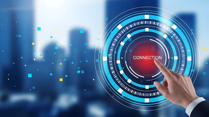 Hand pressing a digital connection button with a futuristic city skyline in the background