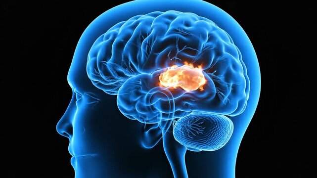Anatomical brain illustration highlighting cerebral structures in blue