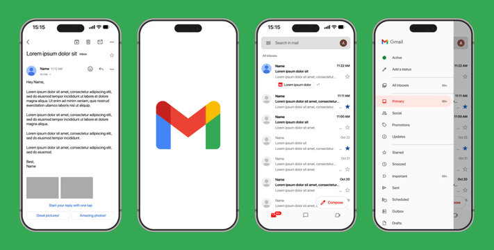 Gmail Mobile App UI Mockup Showing iPhone Inbox Email List Message Reading Screen Compose Interface Sidebar Menu and Google Mail Logo on Green Background
