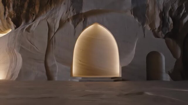 Interior view of a modern architectural space designed to mimic a smooth natural cave, illuminated by soft, ambient indirect lighting highlighting textured surfaces.