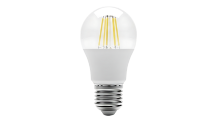 A clear led light bulb with yellow filaments and silver screw base on transparent background