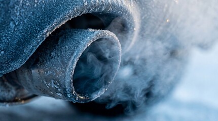 Close-up of frozen car exhaust pipe emitting smoke in freezing weather. Illustrates cold starts, winter driving, and emissions. Ideal for automotive and environmental themes.