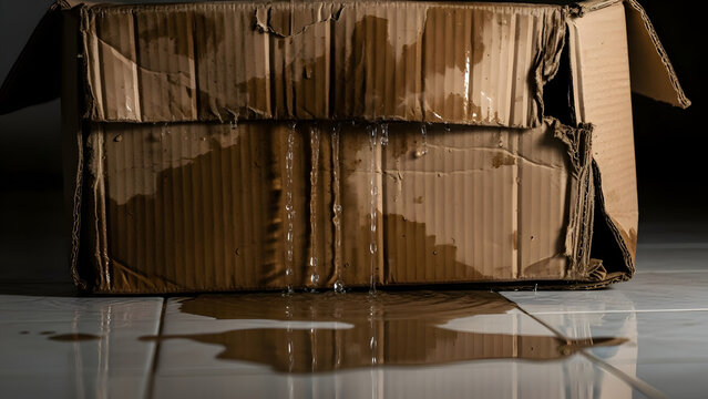 Damaged cardboard box on wet floor with water damage