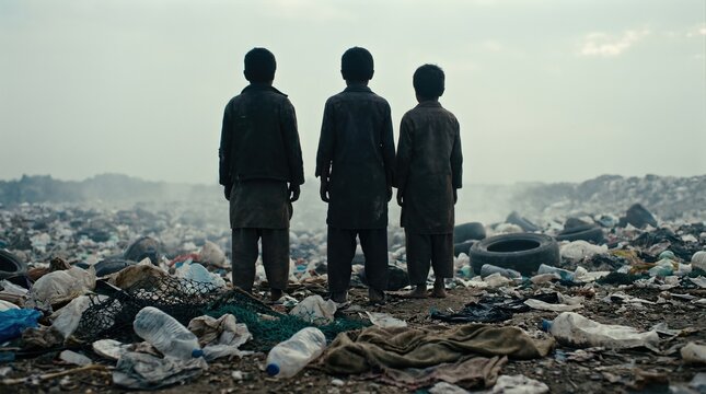 Three children stand together, gazing at a vast landscape of litter and waste, highlighting the urgent need for environmental awareness and ecological responsibility - Powered by Adobe