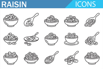 Dried fruit raisin icons pack, linear food ingredient symbols