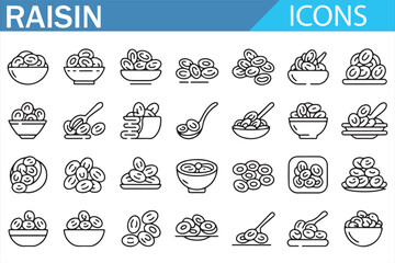 Healthy snack raisin outline icons set for packaging and branding