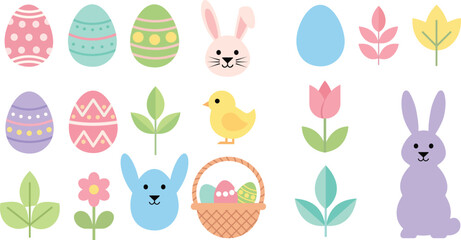 Easter themed colorful icons with eggs and bunnies