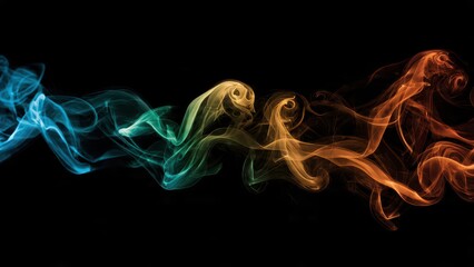 Obraz premium Abstract colorful flowing smoke trails with blue, green, yellow, and orange gradient spectrum isolated on black background